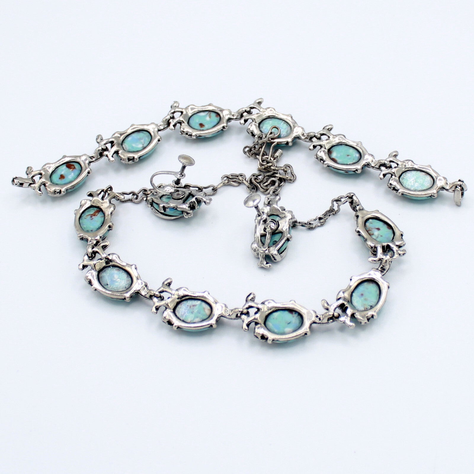 Vintage Glass Turquoise Matrix Cabochon Vine Wrap Necklace Bracelet Earrings Set