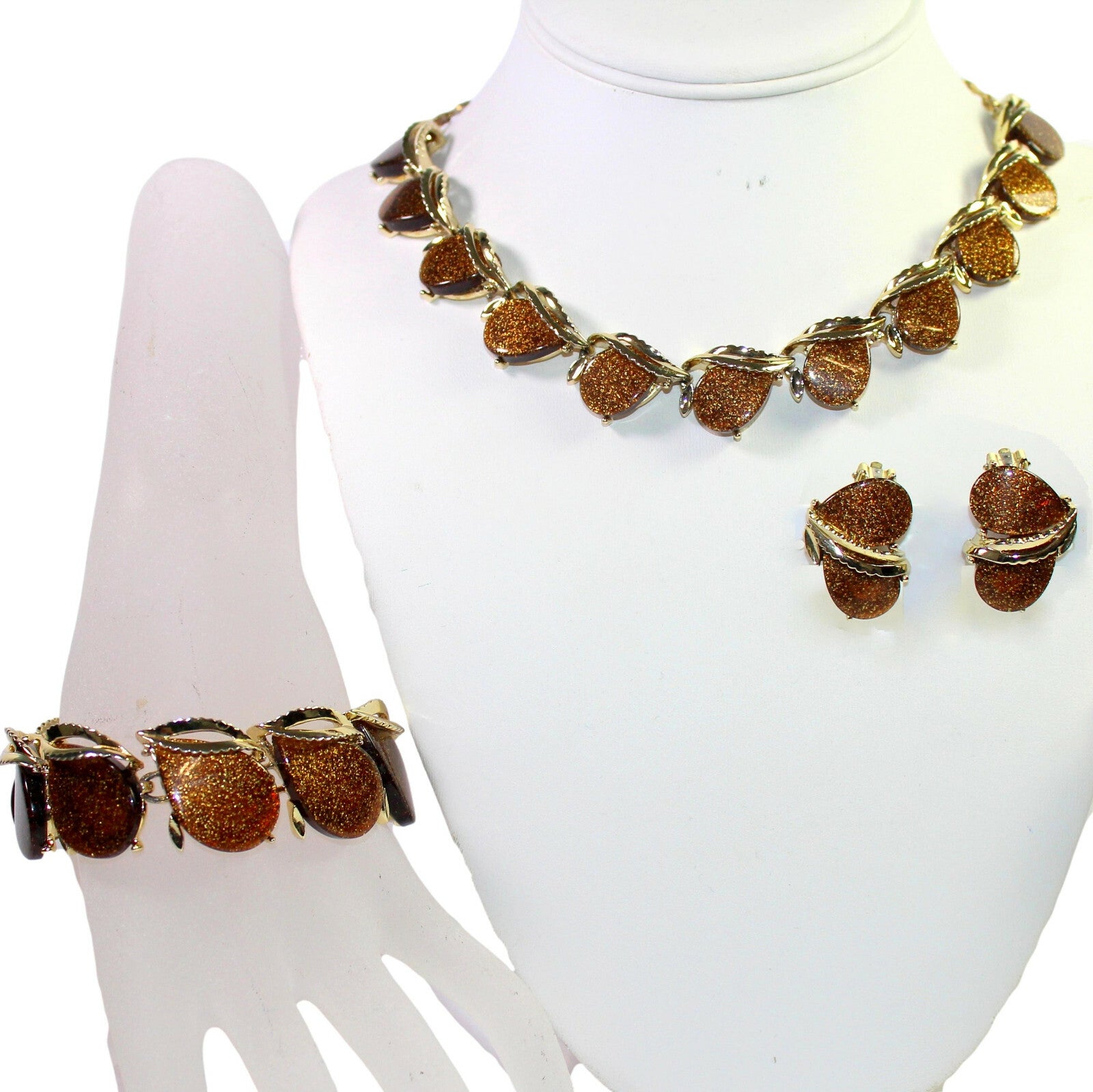 Vintage Copper Gold Glitter Brown Thermoset Necklace Bracelet Earrings Parure