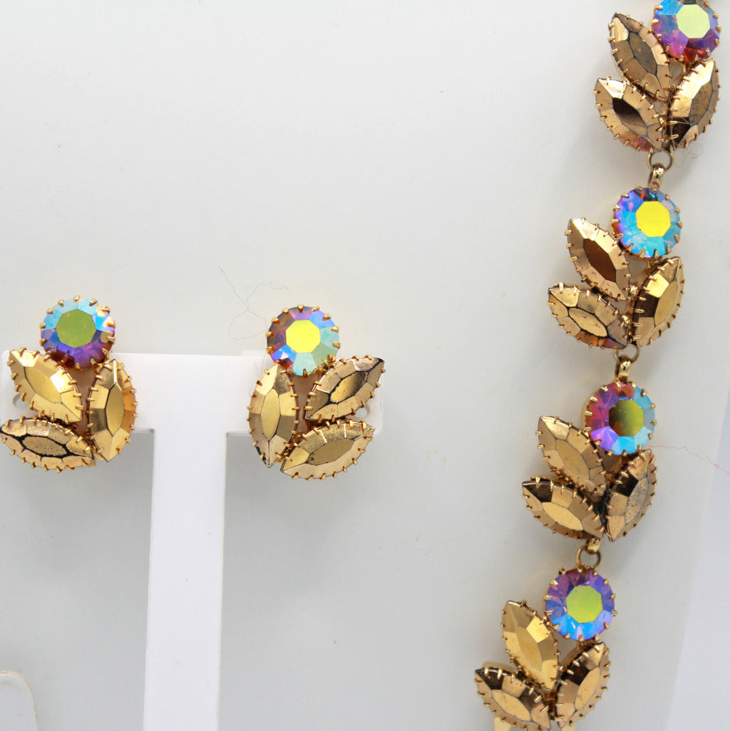 Vintage AURUM GOLD Rhinestone Pink AB Topaz Necklace Bracelet Earrings Set