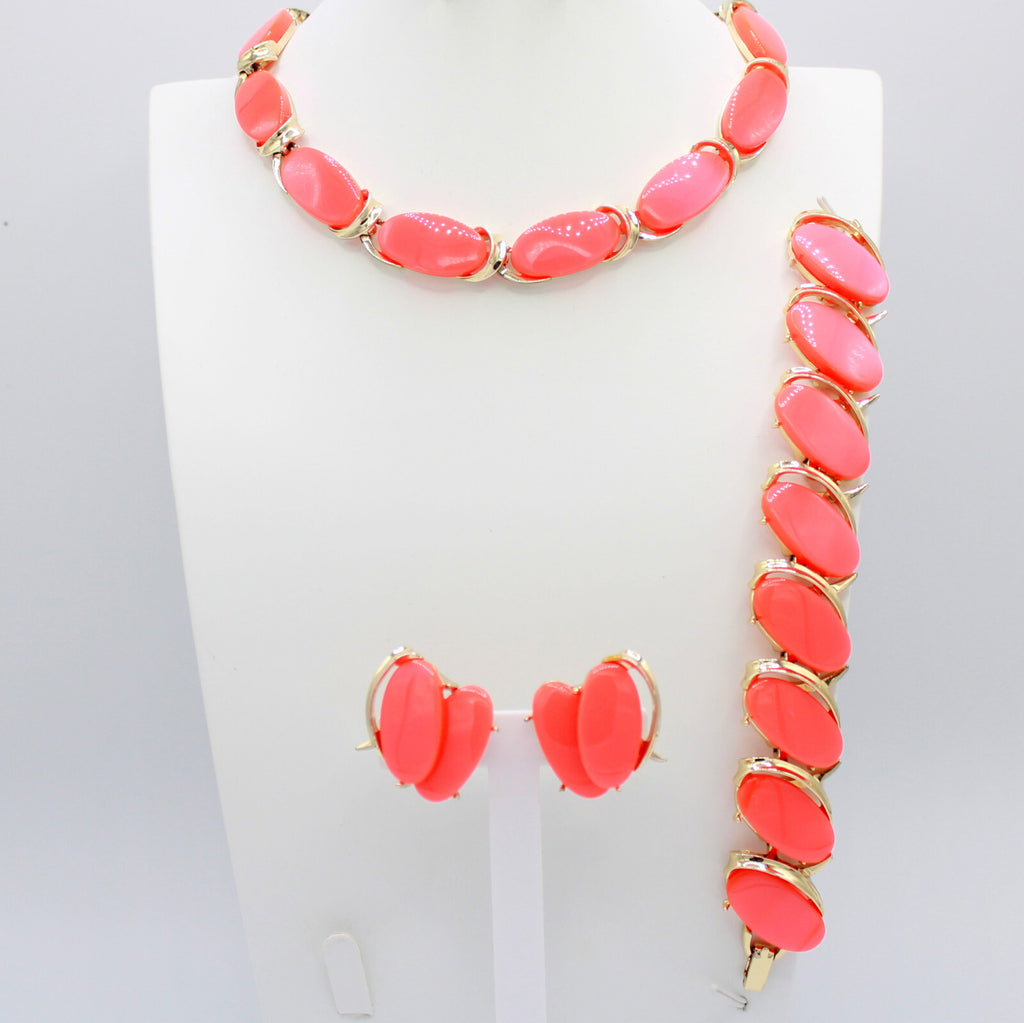 Vintage Bold Neon Melon Orange Oval Thermoset Necklace Bracelet Earrings Set