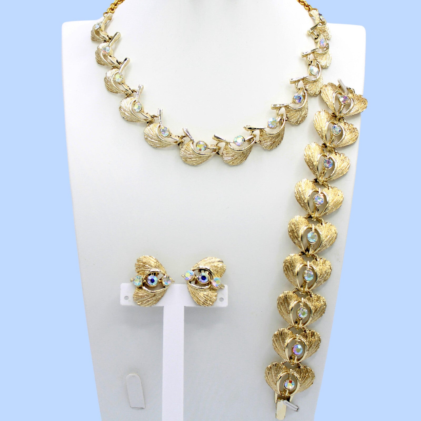 Vintage AB RHINESTONE Brushed Gold Toned Feather Necklace Bracelet Earrings Set