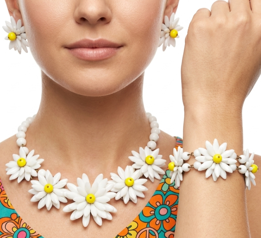 VTG White Glass Petal Daisy Flower Yellow Bead Necklace Bracelet Earrings Set