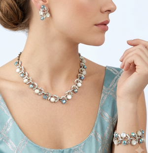 Vintage Blue AB Rhinestone MOP Disk Flower Leaf Necklace Bracelet Earrings Set