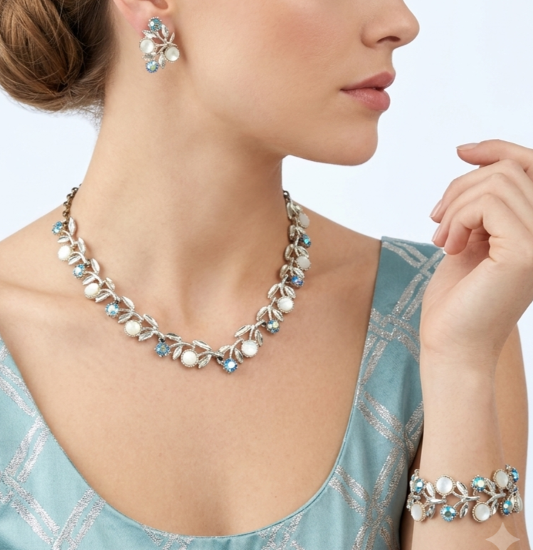 Vintage Blue AB Rhinestone MOP Disk Flower Leaf Necklace Bracelet Earrings Set