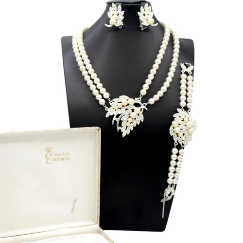 Vintage EMMONS Pearl Rhinestone Leaf Necklace Bracelet Earrings Set Original Box