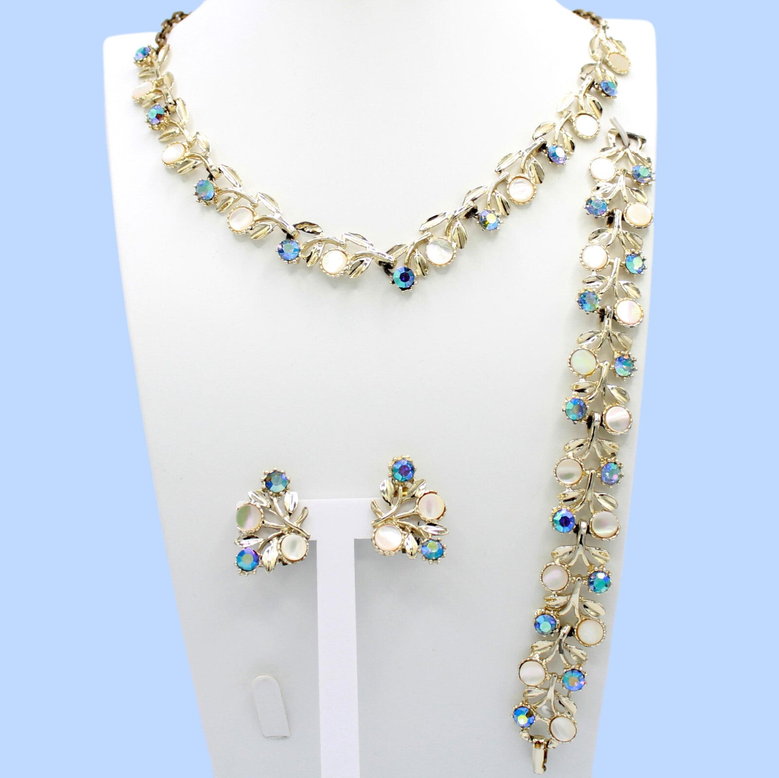 Vintage Blue AB Rhinestone MOP Disk Flower Leaf Necklace Bracelet Earrings Set