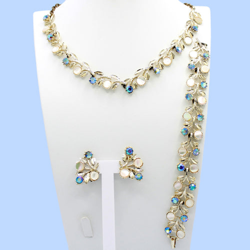 Vintage Blue AB Rhinestone MOP Disk Flower Leaf Necklace Bracelet Earrings Set