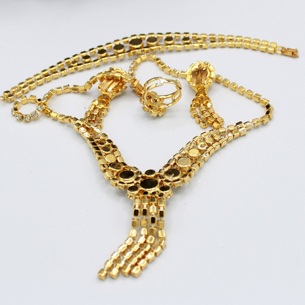 Vintage Sparkling Statement CLEAR RHINESTONE Ring Necklace Bracelet Earrings Set