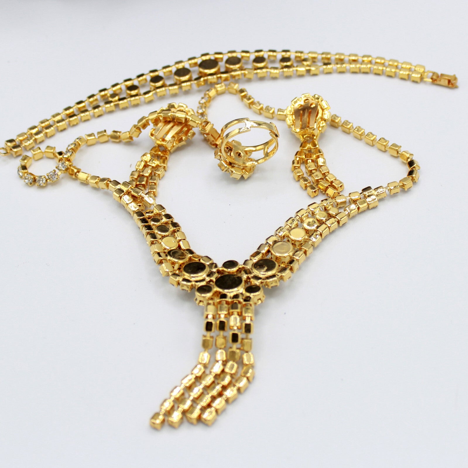 Vintage Sparkling Statement CLEAR RHINESTONE Ring Necklace Bracelet Earrings Set