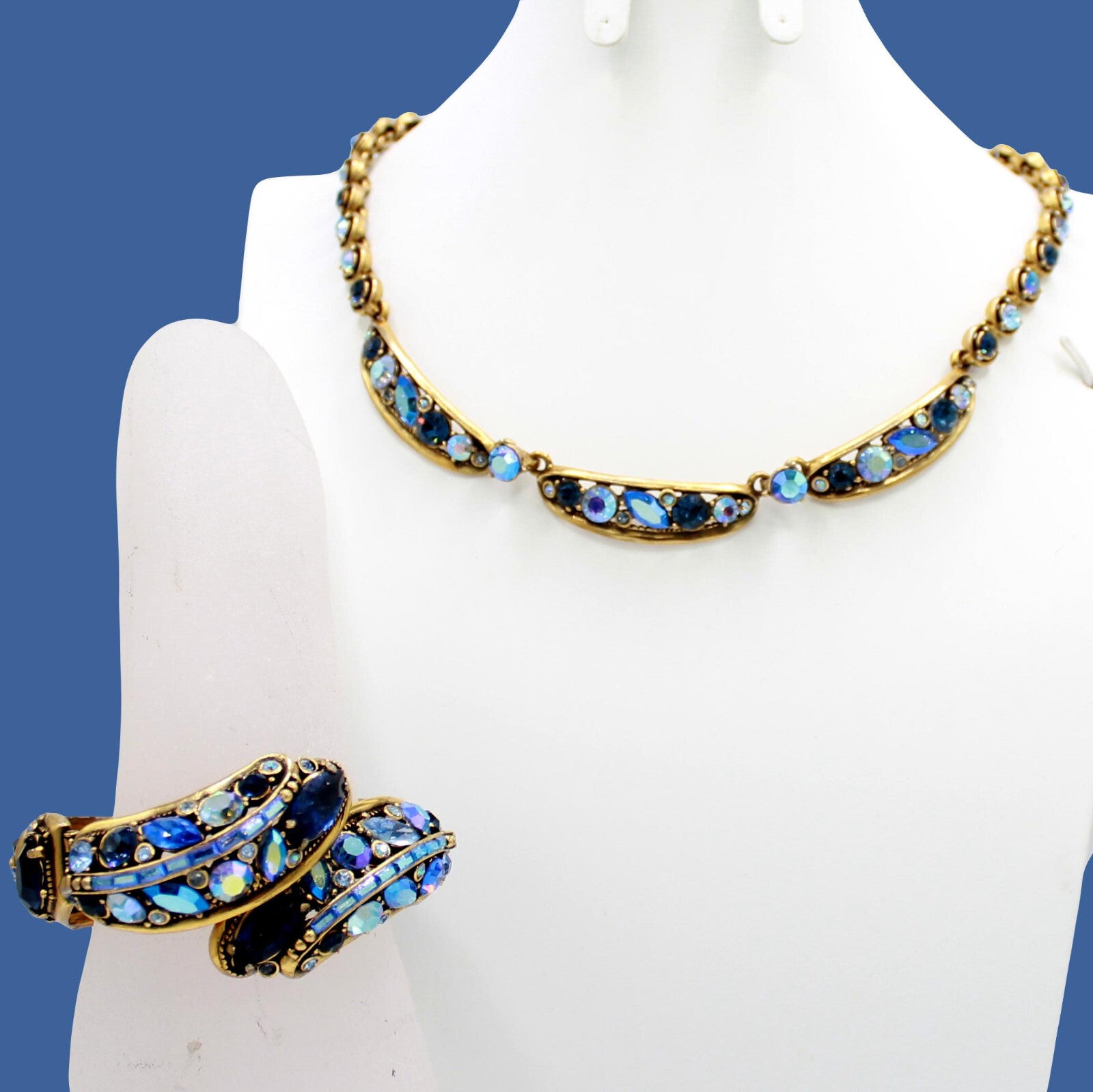 Vintage 1959 HOLLYCRAFT Blue AB Rhinestone Necklace Hinged Bracelet Set