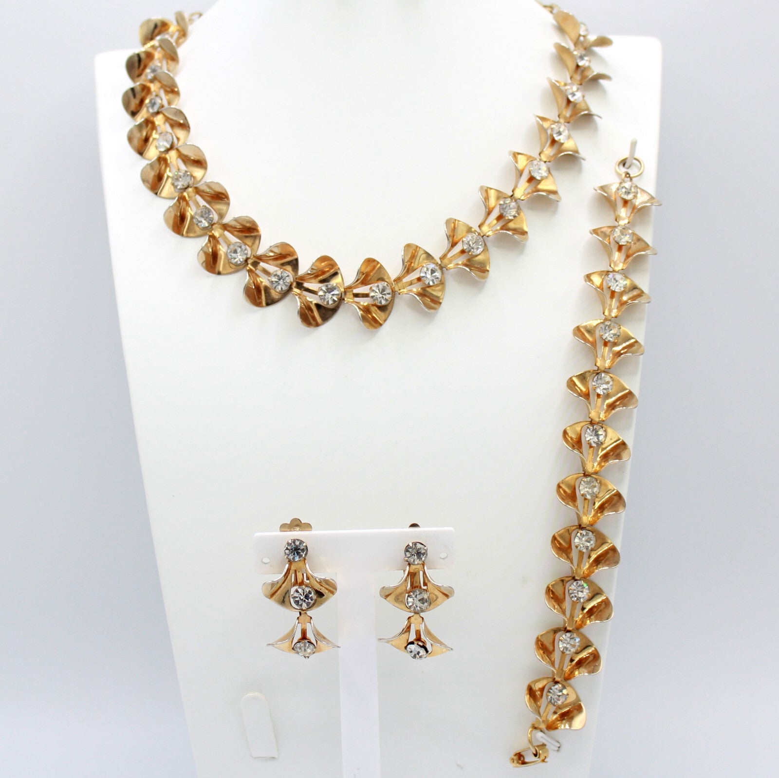 Vintage Clear Rhinestone Golden CALLA LILY Flower Necklace Bracelet Earrings Set