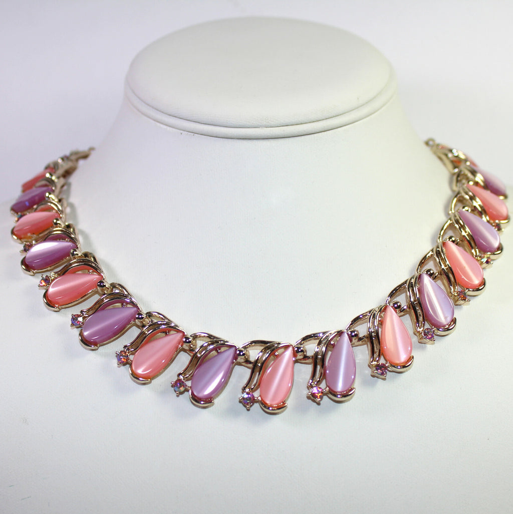 VTG ART Pastel Pink Lavender Thermoset Rhinestone Necklace Bracelet Earrings Set