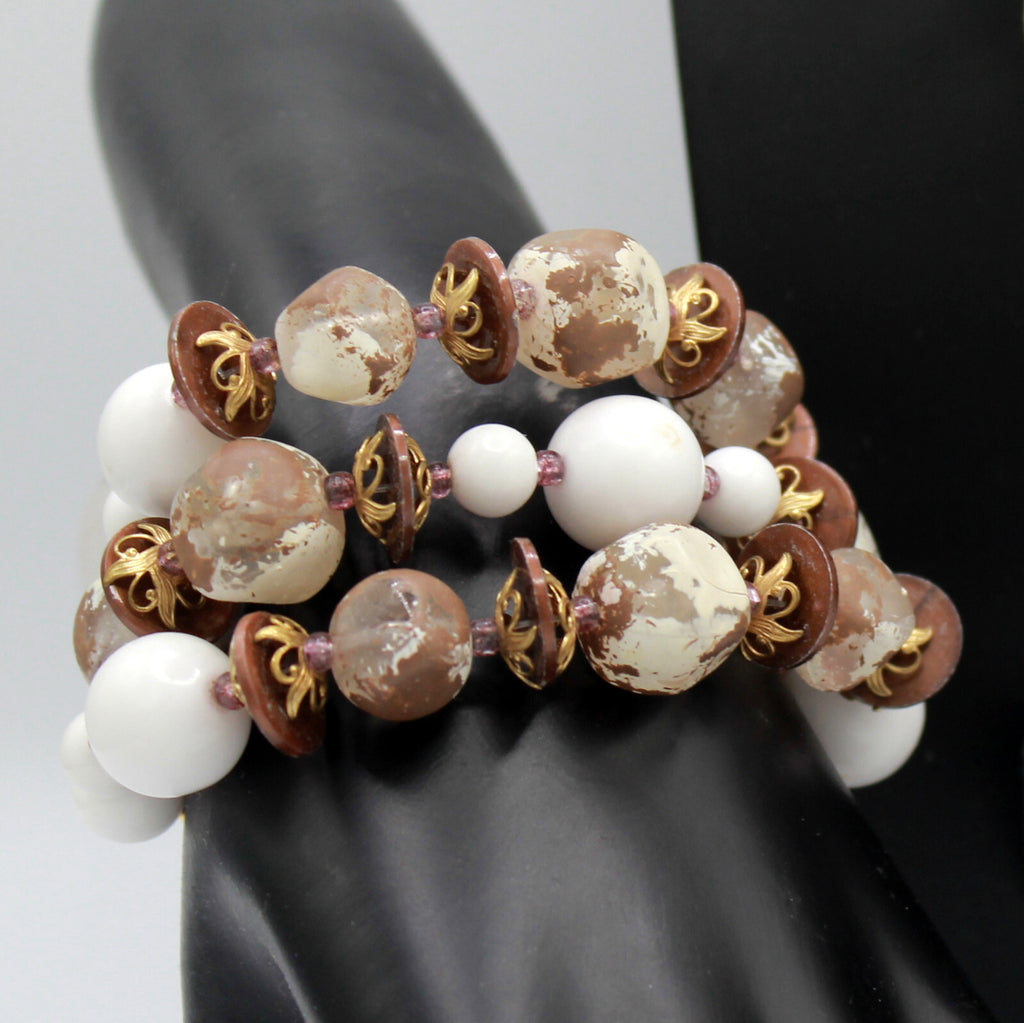 Vintage DEAUVILLE Painted Beads Gold Mauve White Necklace Bracelet Earrings Set