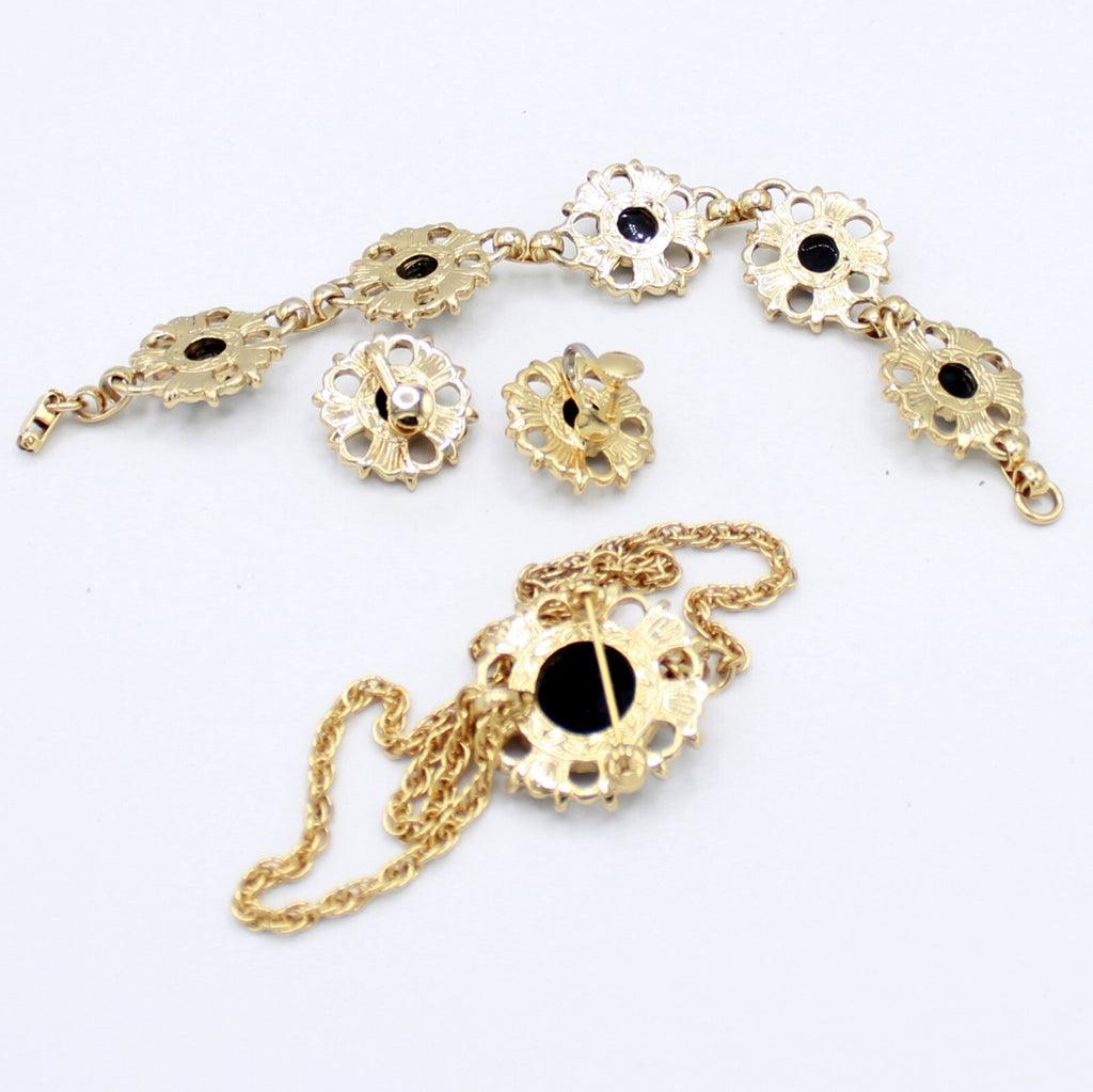 Vintage DAISY BLACK CABOCHON CLEAR Rhinestone Necklace Bracelet Earrings Set