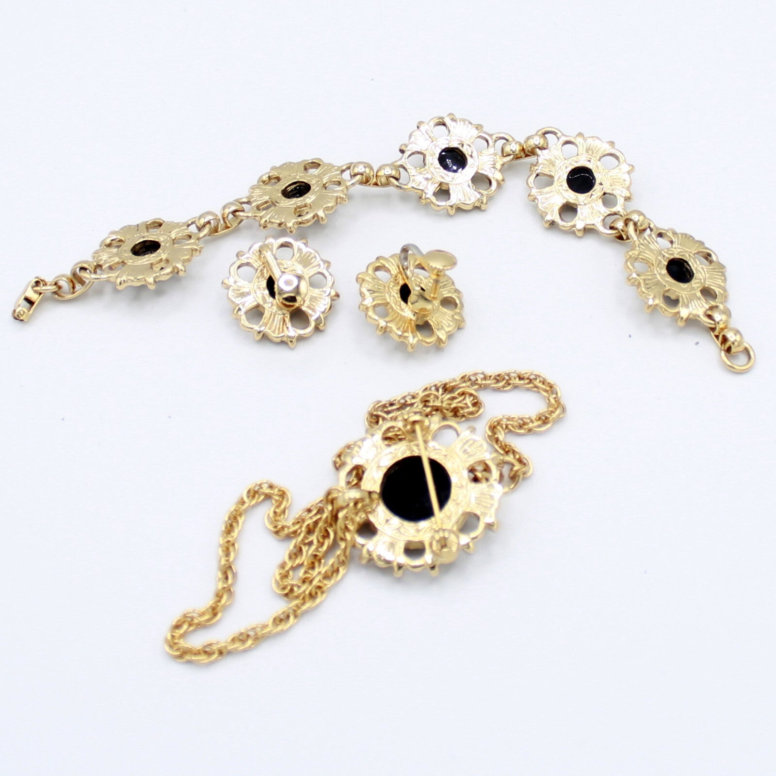 Vintage DAISY BLACK CABOCHON CLEAR Rhinestone Necklace Bracelet Earrings Set