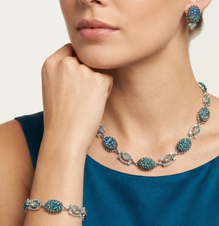 Blue Iridescent Carnival Glass Geode Rhinestone Necklace Bracelet Earrings Set