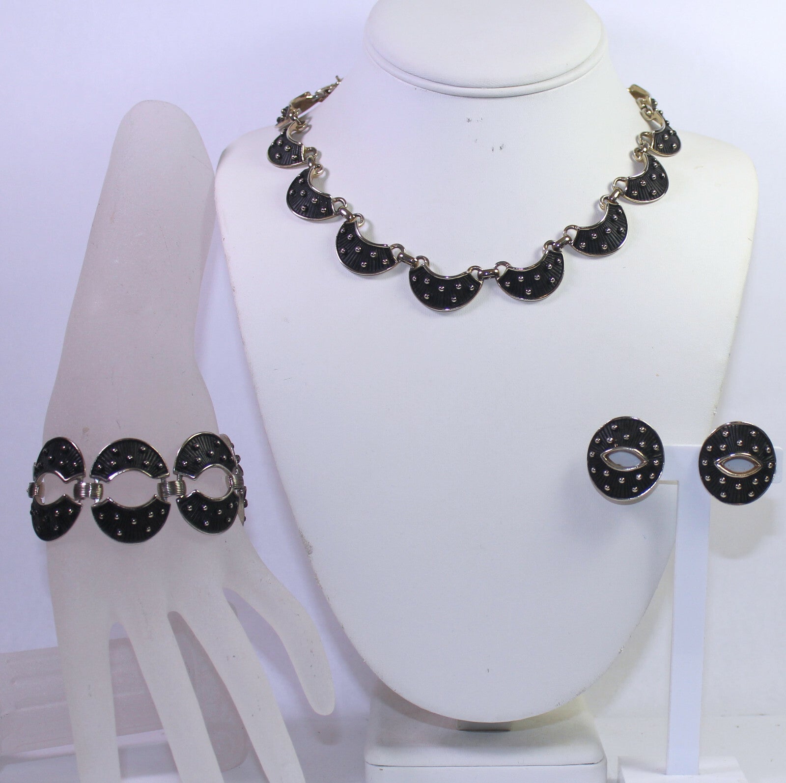 Vintage JUDY LEE Black Enamel Textured Polka Dot Necklace Bracelet Earrings Set