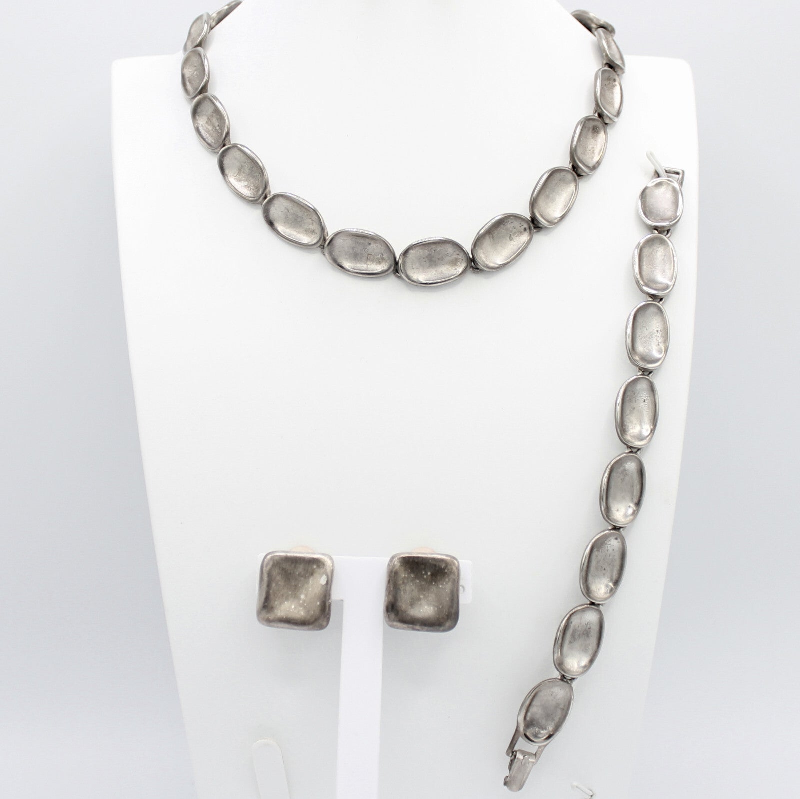 Vintage MODERNIST Abstract Silvertoned Sections Necklace Bracelet Earrings Set