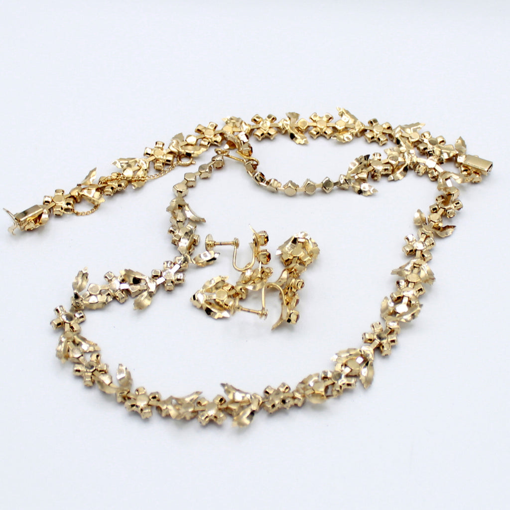Vintage Dainty Topaz Amber Rhinestone Leaf Necklace Bracelet Dangle Earrings Set