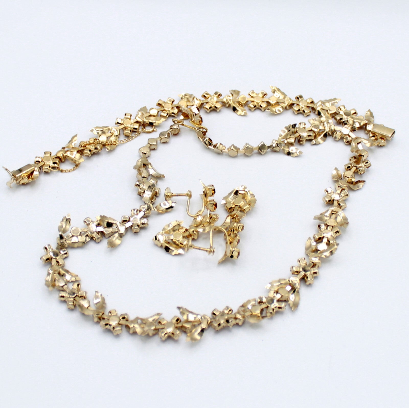 Vintage Dainty Topaz Amber Rhinestone Leaf Necklace Bracelet Dangle Earrings Set