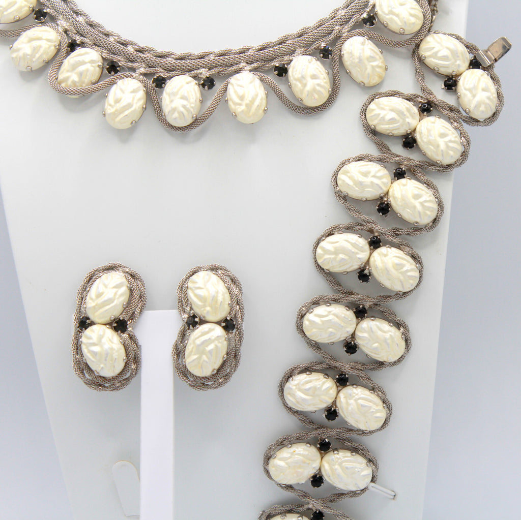 HOBE? White Carved Black Rhinestone Mesh Collar Necklace Bracelet Earrings Set