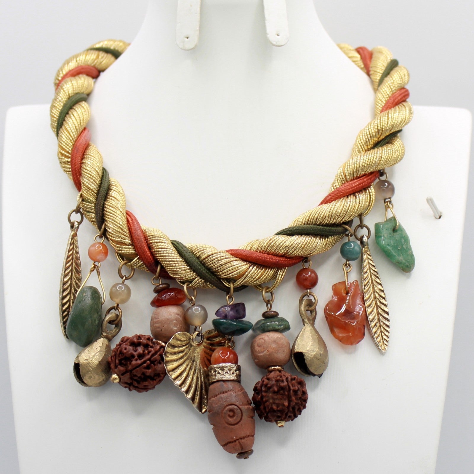 VTG JULIANA Gold Rust Olive Twisted Cord Ethnic Stone Charm Necklace IIJJ#8832