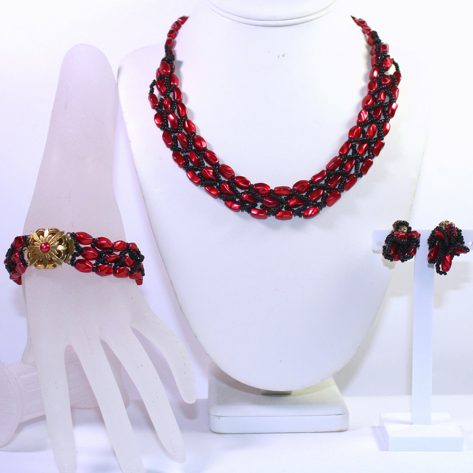 Vintage Cranberry Red Black Braided Bead Necklace Bracelet Earrings Set parure