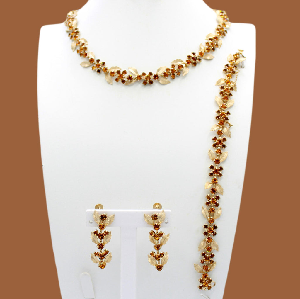 Vintage Dainty Topaz Amber Rhinestone Leaf Necklace Bracelet Dangle Earrings Set