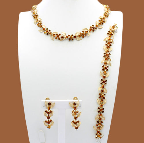 Vintage Dainty Topaz Amber Rhinestone Leaf Necklace Bracelet Dangle Earrings Set