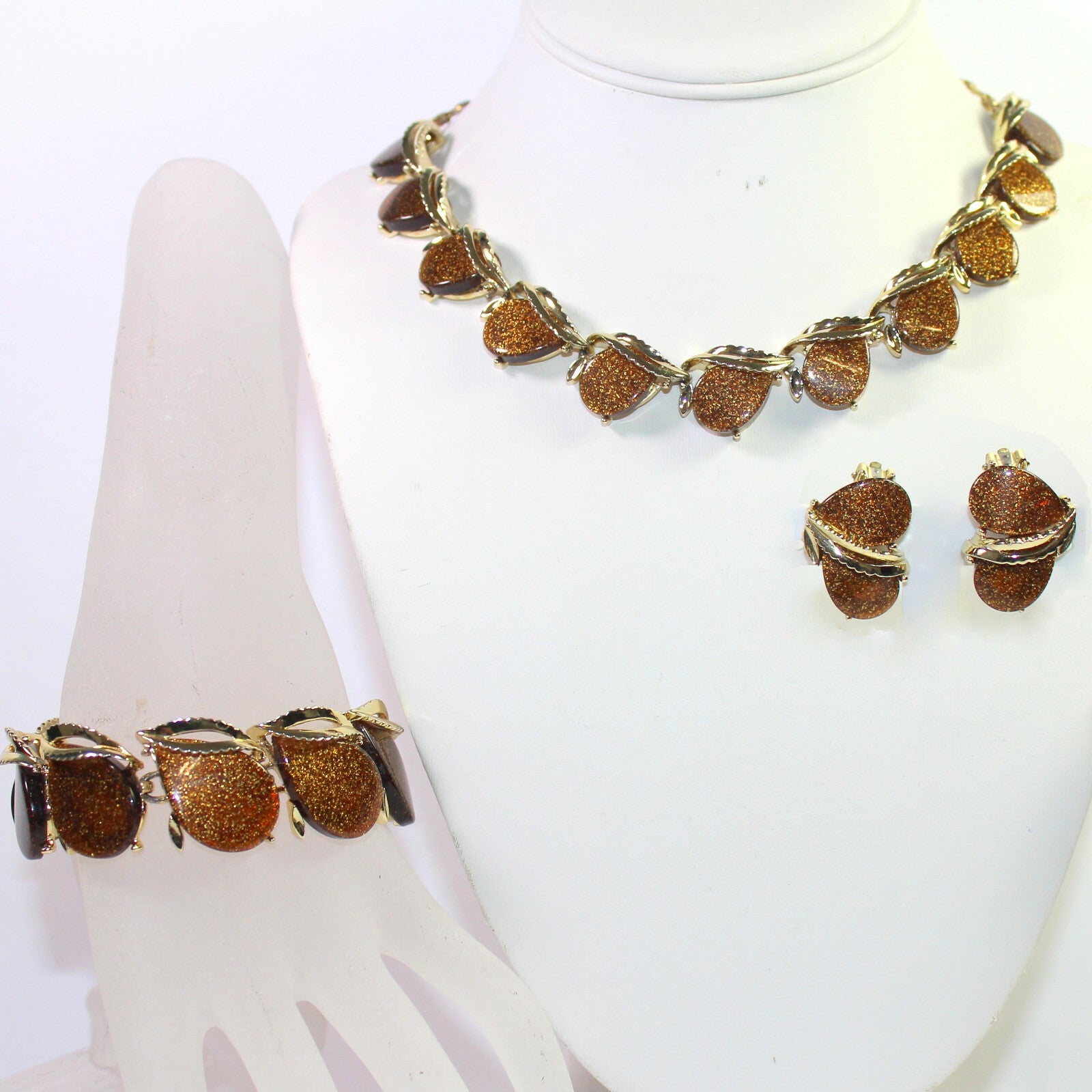 Vintage Copper Gold Glitter Brown Thermoset Necklace Bracelet Earrings Parure