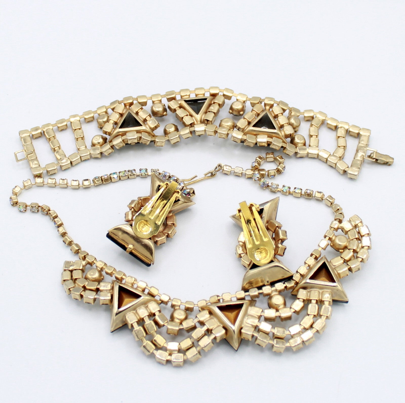 Vintage BLACK DIAMOND GRAY Triangle AB Rhinestone Necklace Bracelet Earrings Set