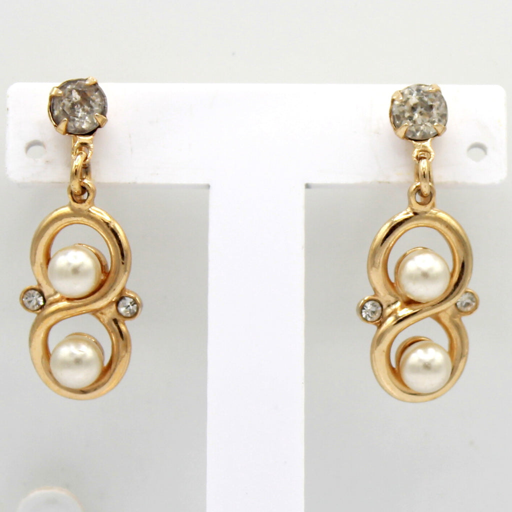 Vintage INFINITY SYMBOL PEARL CLEAR Rhinestone Necklace Bracelet Earrings Set