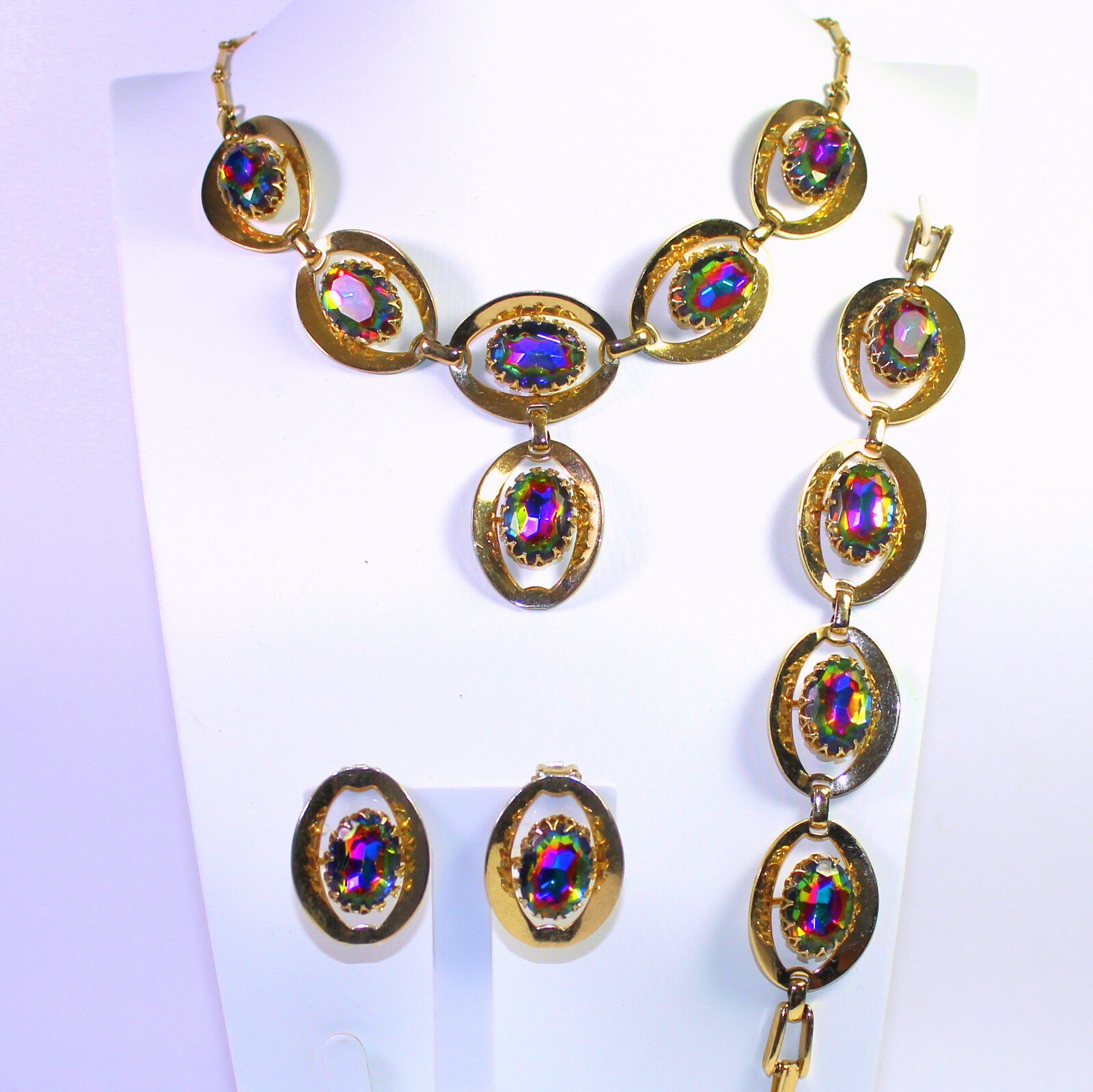 Vintage WATERMELON Vitrail Rhinestone Statement Necklace Bracelet Earrings Set
