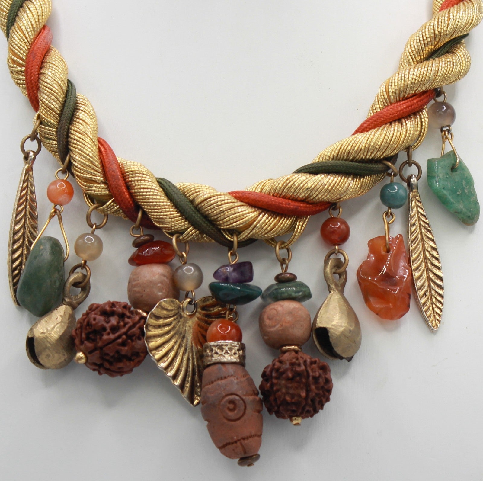 VTG JULIANA Gold Rust Olive Twisted Cord Ethnic Stone Charm Necklace IIJJ#8832