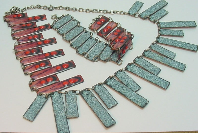 Vintage Reversible Red Blue Enamel Fringe Necklace Bracelet Set Egyptian Revival
