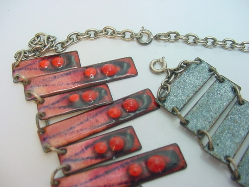 Vintage Reversible Red Blue Enamel Fringe Necklace Bracelet Set Egyptian Revival