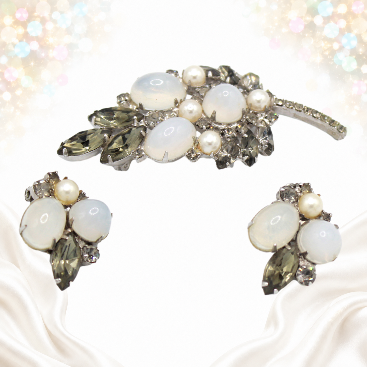 Angled view showing high domed faux opal Lucite cabochons