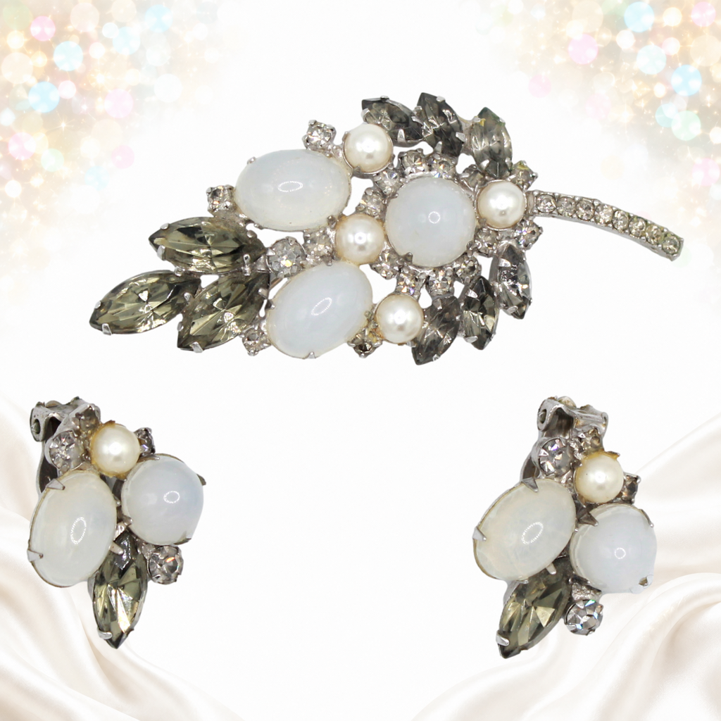 Juliana gray rhinestone faux opal and pearl leaf brooch and clip earrings, front view