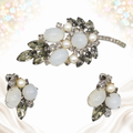 Juliana gray rhinestone faux opal and pearl leaf brooch and clip earrings, front view