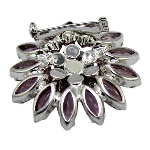 Back of Juliana pink lavender rhinestone daisy brooch showing rollover safety clasp