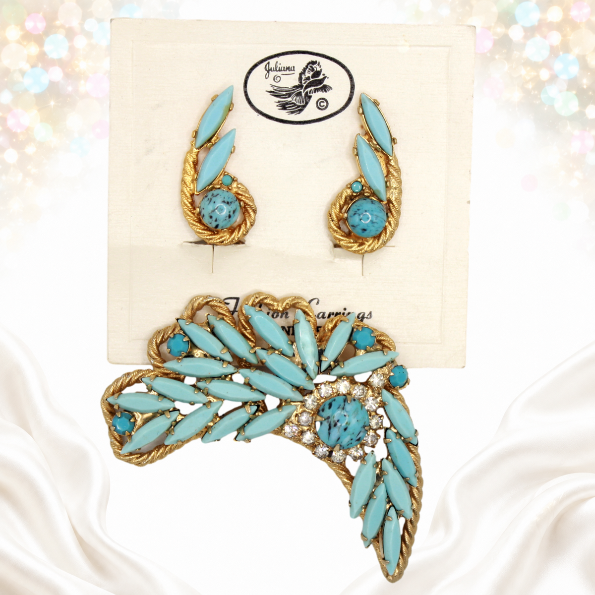 Vintage Juliana NOS turquoise-color brooch and clip earrings on original Juliana jewelry card