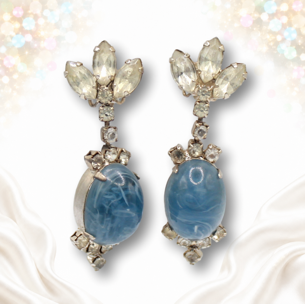 Juliana blue marbled Lucite oval cabochon clear rhinestone dangle clip earrings IIJJ 9297, flat front view
