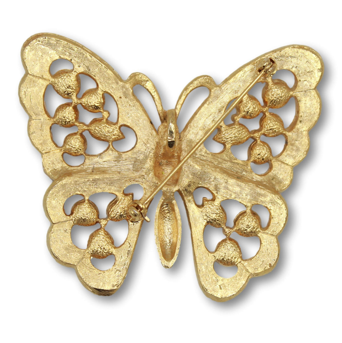 Back of Juliana gold tone openwork butterfly brooch showing design casting and pin assembly