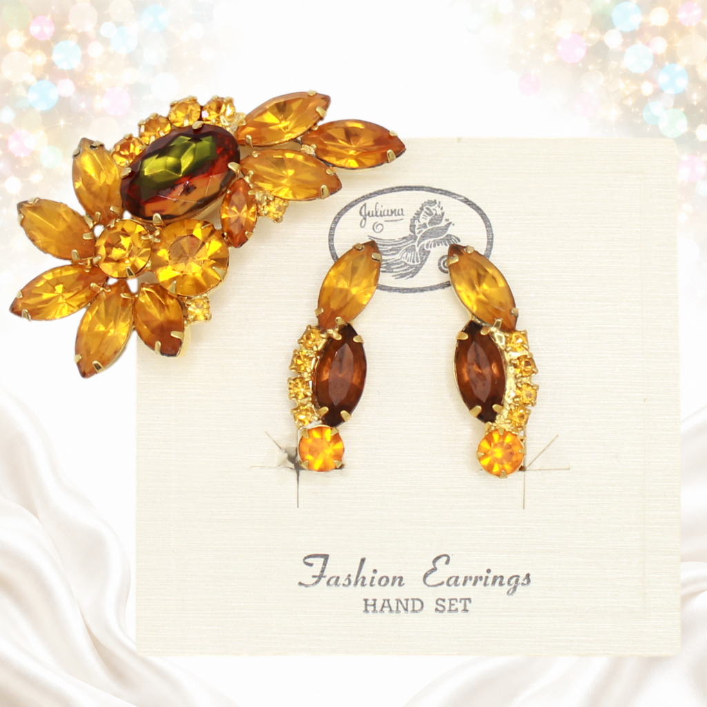 Vintage Juliana NOS topaz rhinestone spray brooch with fall watermelon vitrail oval and matching ear climber earrings on original Juliana card