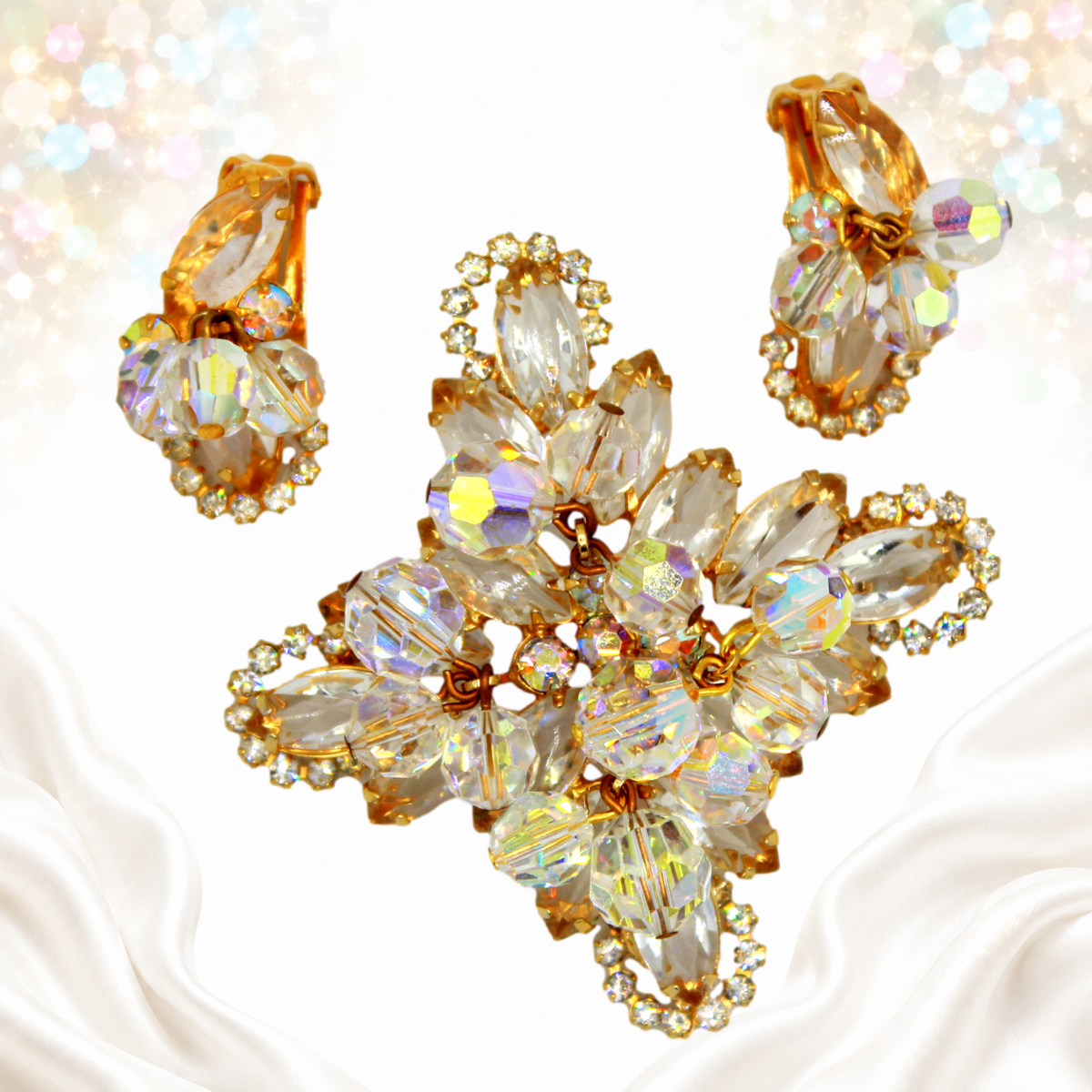 Juliana clear rhinestone halo Maltese cross brooch and matching clip earrings with AB crystal bead dangles