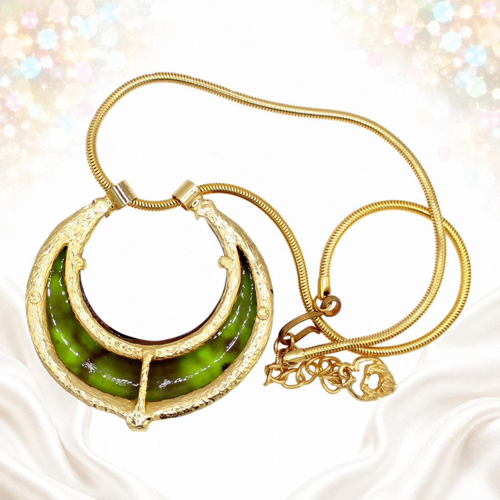 Reverse of Juliana green heat-formed crescent pendant necklace, gold-tone metal framework and clasp