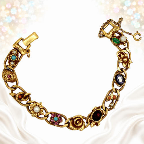 Goldette antiqued gold-tone figural link bracelet, front view