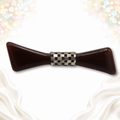 Brown Bakelite bow brooch with silver-tone openwork checkerboard band, front photograph on signature background