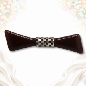 Vintage Brown Bakelite Bow Brooch Silver Tone Checkerboard Center