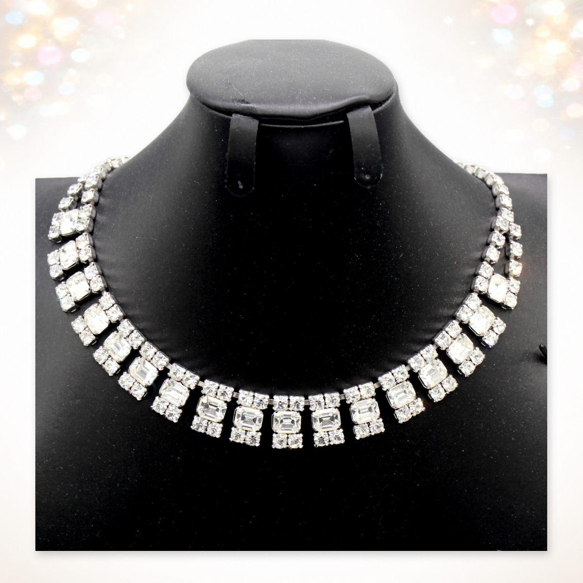 Vintage clear emerald-cut rhinestone fringe necklace on bust